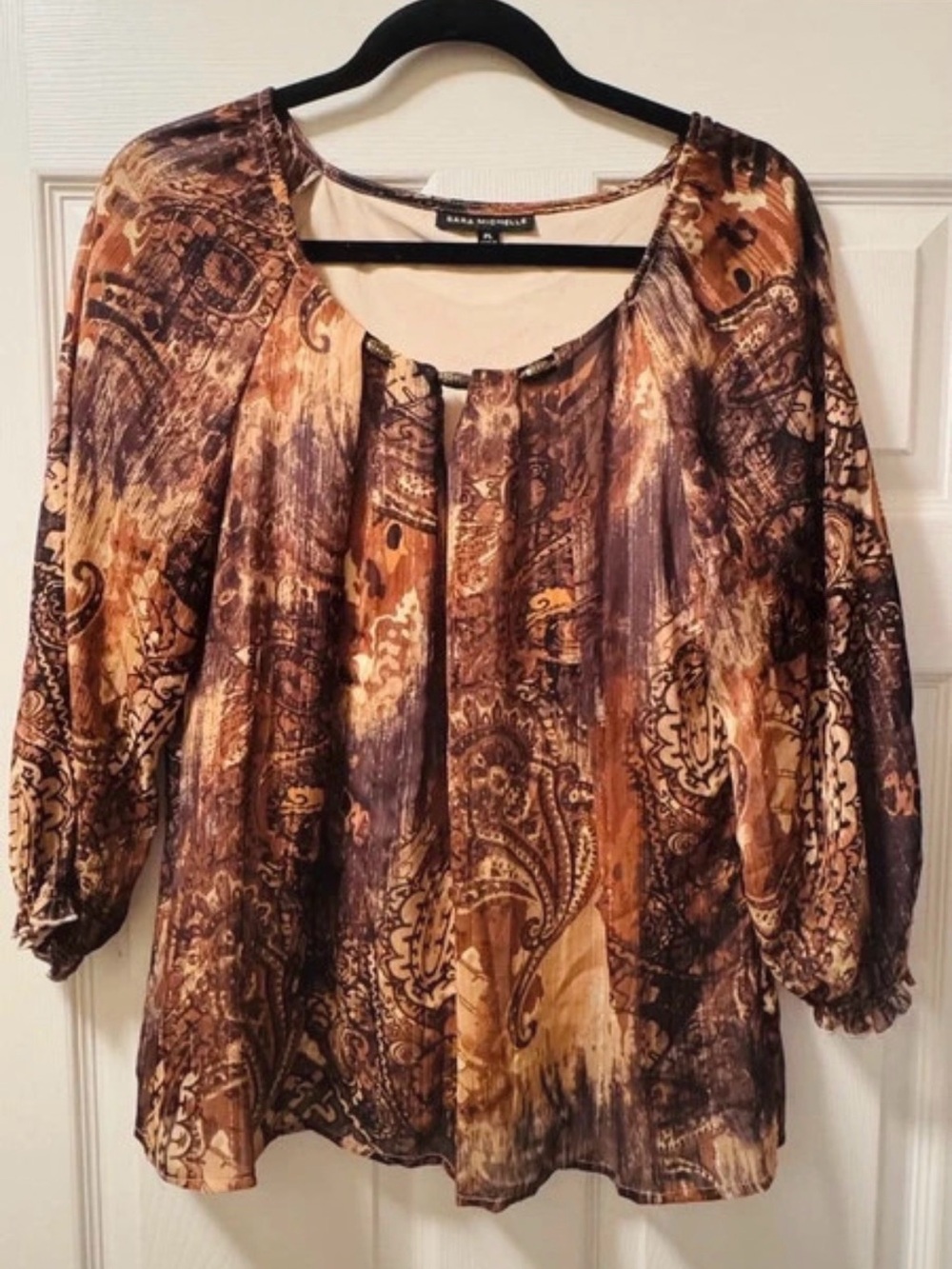 Sara Michelle Brown and Tan Paisley Scoop Neck Blouse